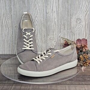 ECCO Soft 7 Women's Leather Sneakers Taupe Gray Suede Comfort Lace Up Sz 9 EU 40